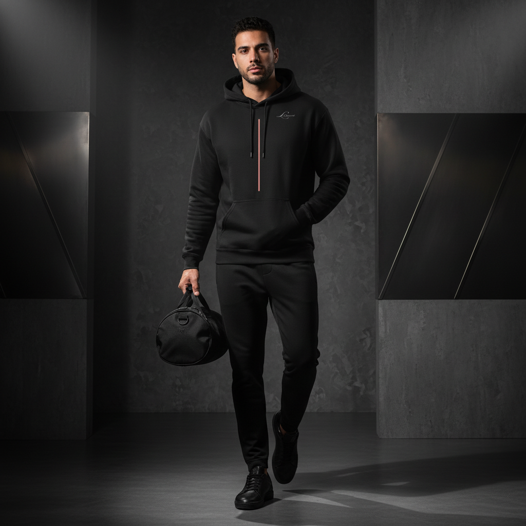 Man in black hoodie and pants holding a black duffel bag against a dark background cool black outfit