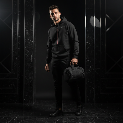 Man wearing a black hoodie holding a black duffel bag against a dark background
