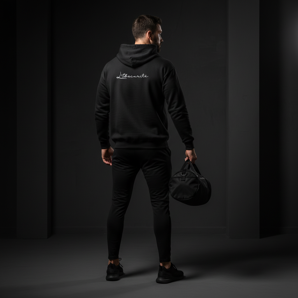 model wearing basic instinct zip hoodie, view from the back