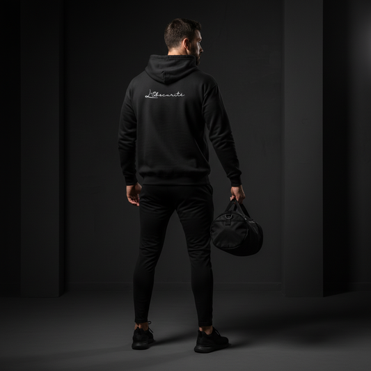 model wearing basic instinct zip hoodie, view from the back