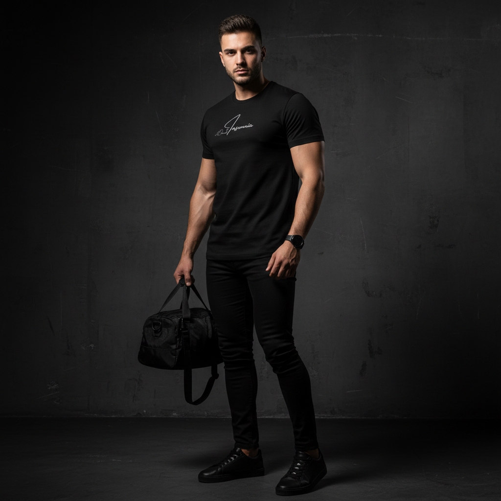 Man wearing a black tee, insomina logo, holding a black duffel bag against a dark background