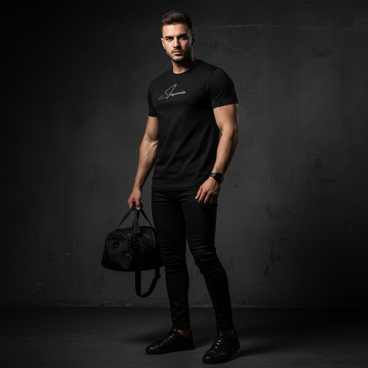 Man wearing a black tee, insomina logo, holding a black duffel bag against a dark background