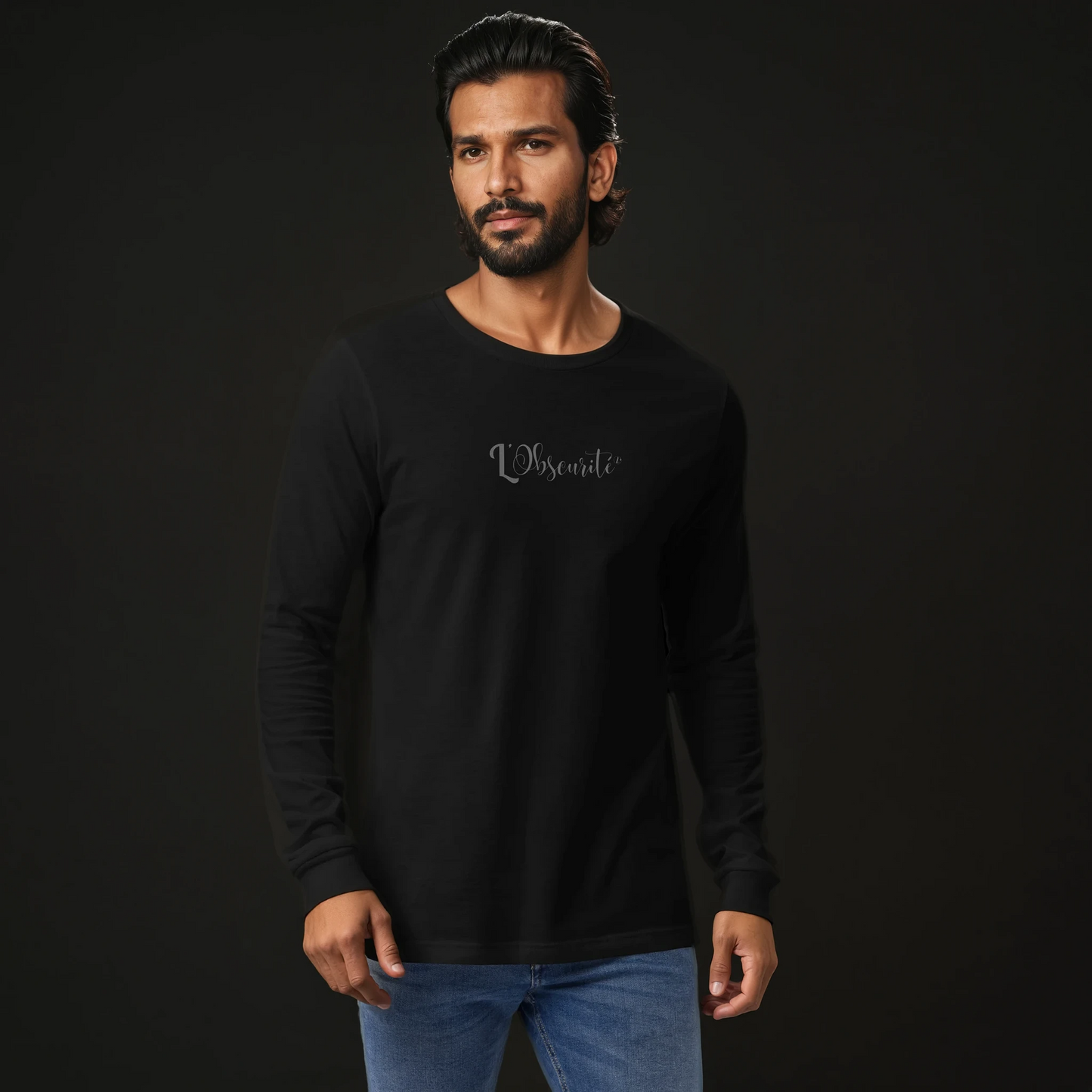 man wearing black long sleeve tee