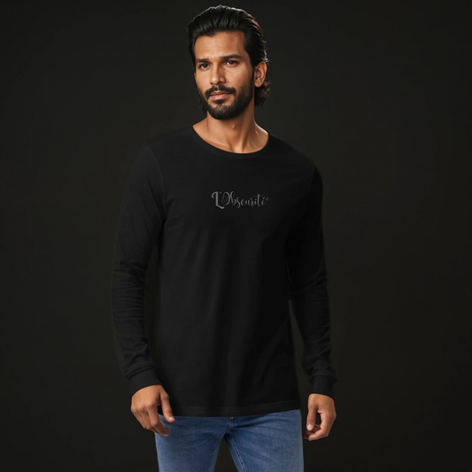 man wearing black long sleeve tee