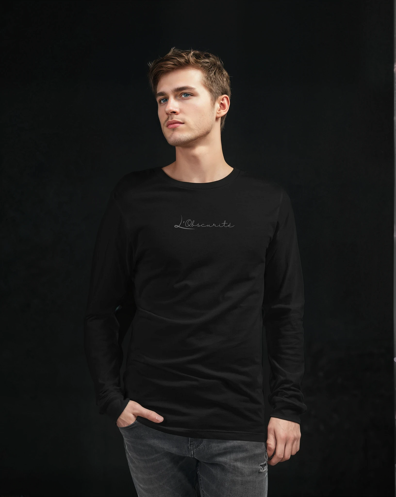 man wearing a minimalistic black long tee shirt