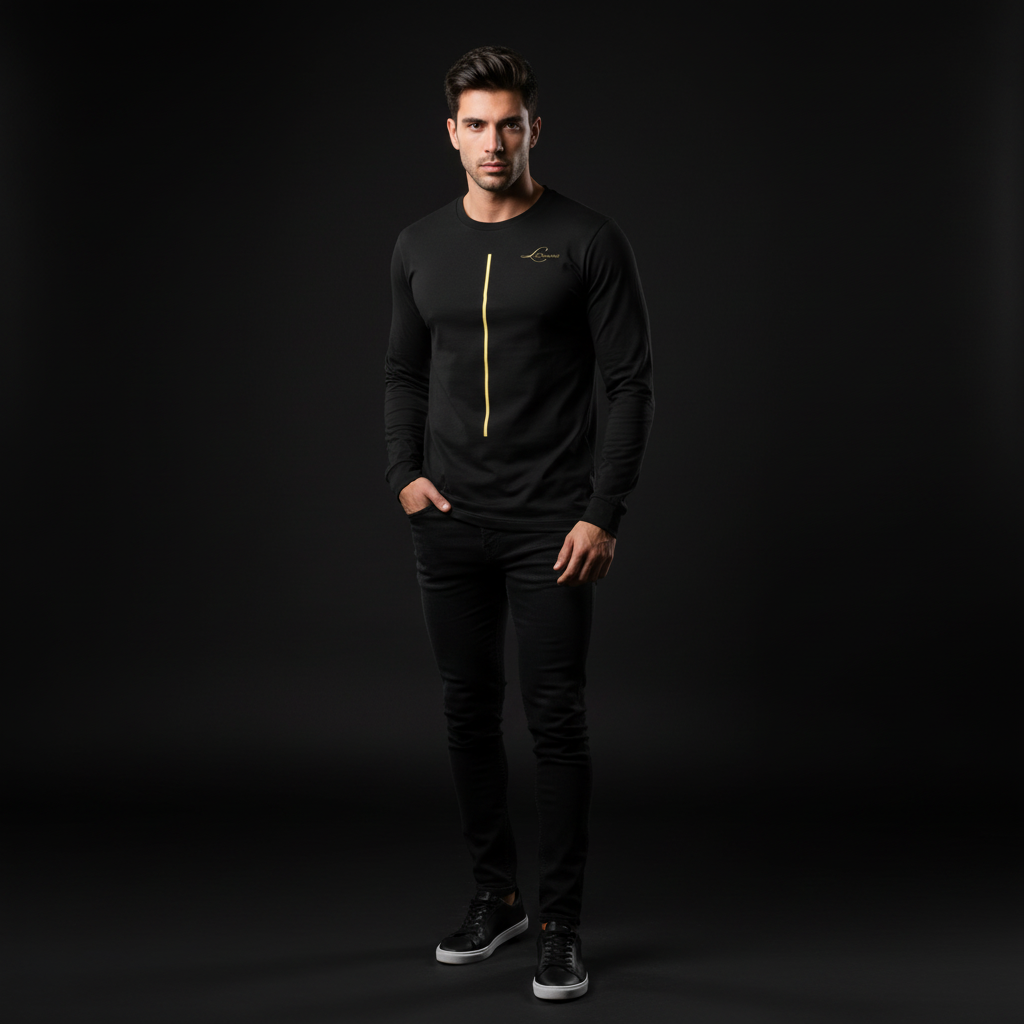Man wearing a black long-sleeve shirt with a yellow golden line and black pants on a dark background