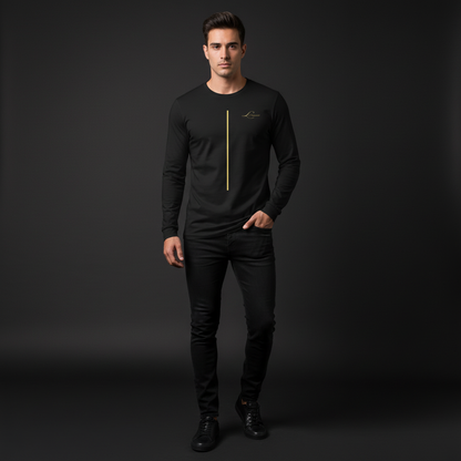 Man wearing a black long-sleeve shirt with a gold lilneand logo on a dark background