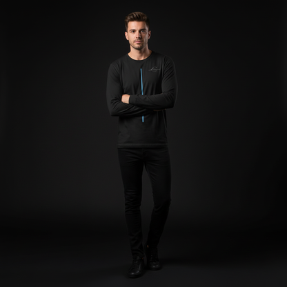 Man wearing a black outfit with a logo on a dark background