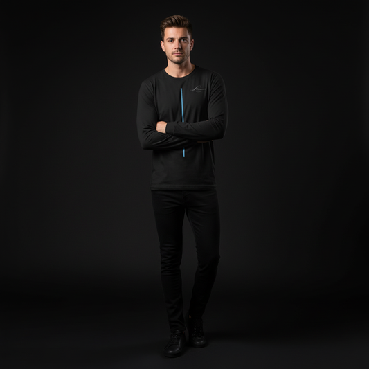 Man wearing a black outfit with a logo on a dark background