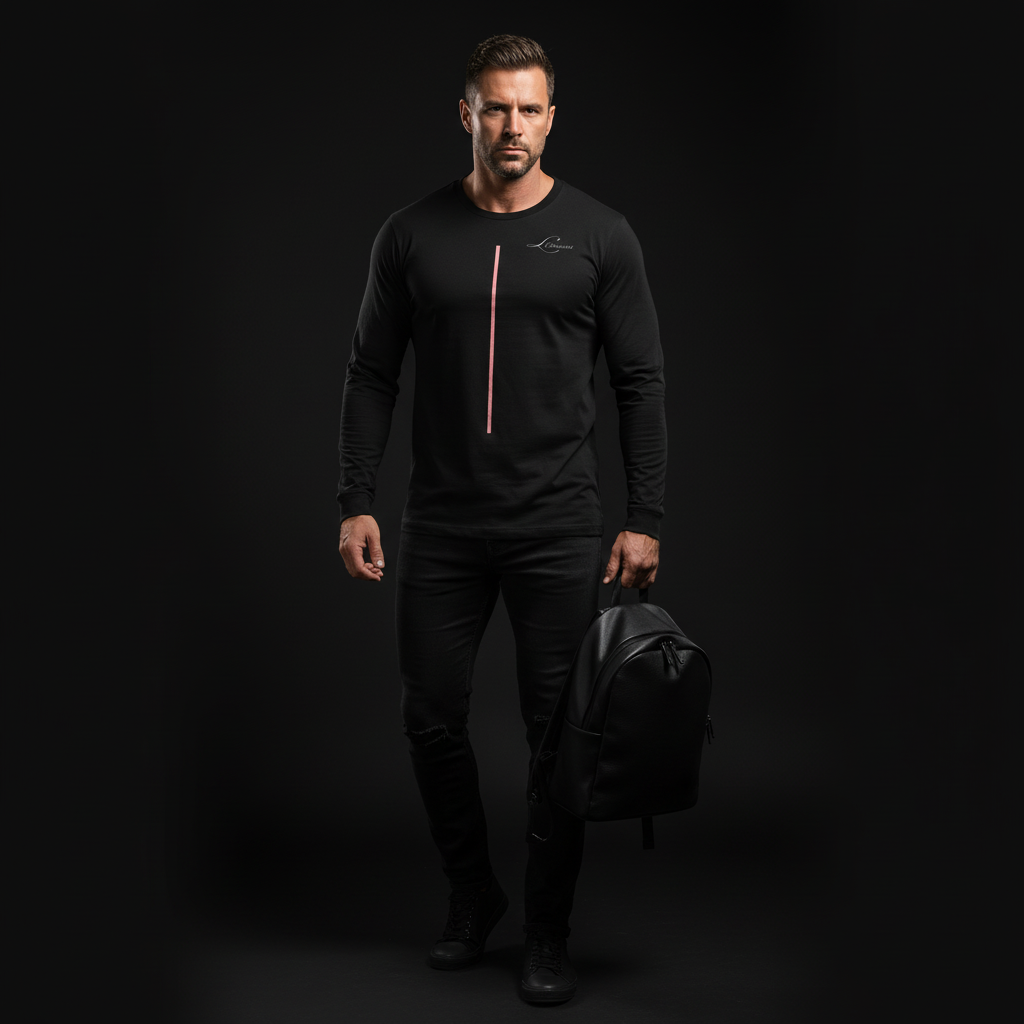 Man wearing a black long sleeve outfit with a backpack on a dark background