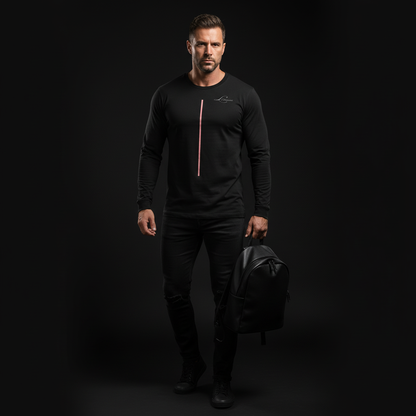 Man wearing a black long sleeve outfit with a backpack on a dark background