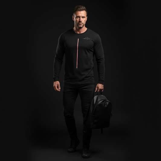 Man wearing a black long sleeve outfit with a backpack on a dark background