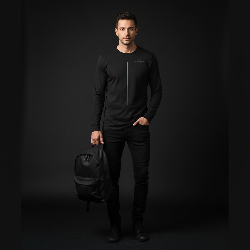 Man holding a black backpack against a dark background, wearing a black long sleeve tee