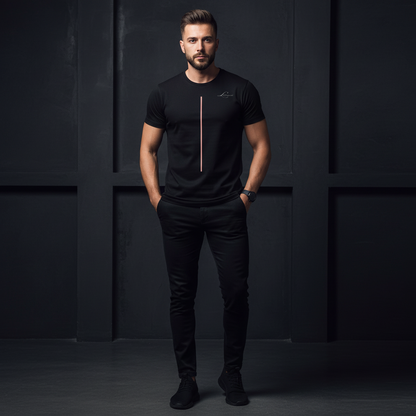 Man wearing a black t-shirt and pants against a dark background, red line design