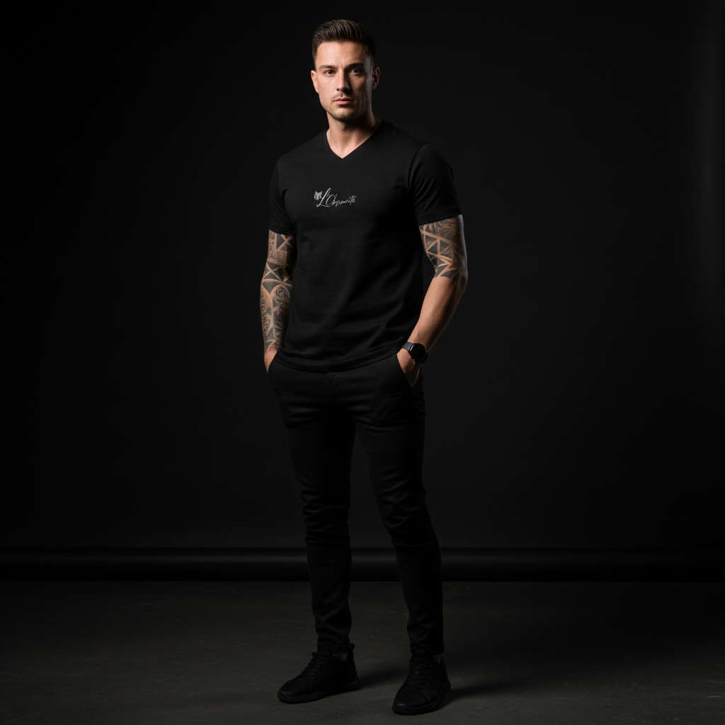A man wearing a black V-neck t-shirt with a logo in a photo session