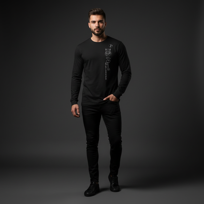 Man wearing a black long-sleeve shirt and pants on a dark background, the shade of black long sleeve tee