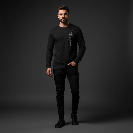 Man wearing a black long-sleeve shirt and pants on a dark background, the shade of black long sleeve tee