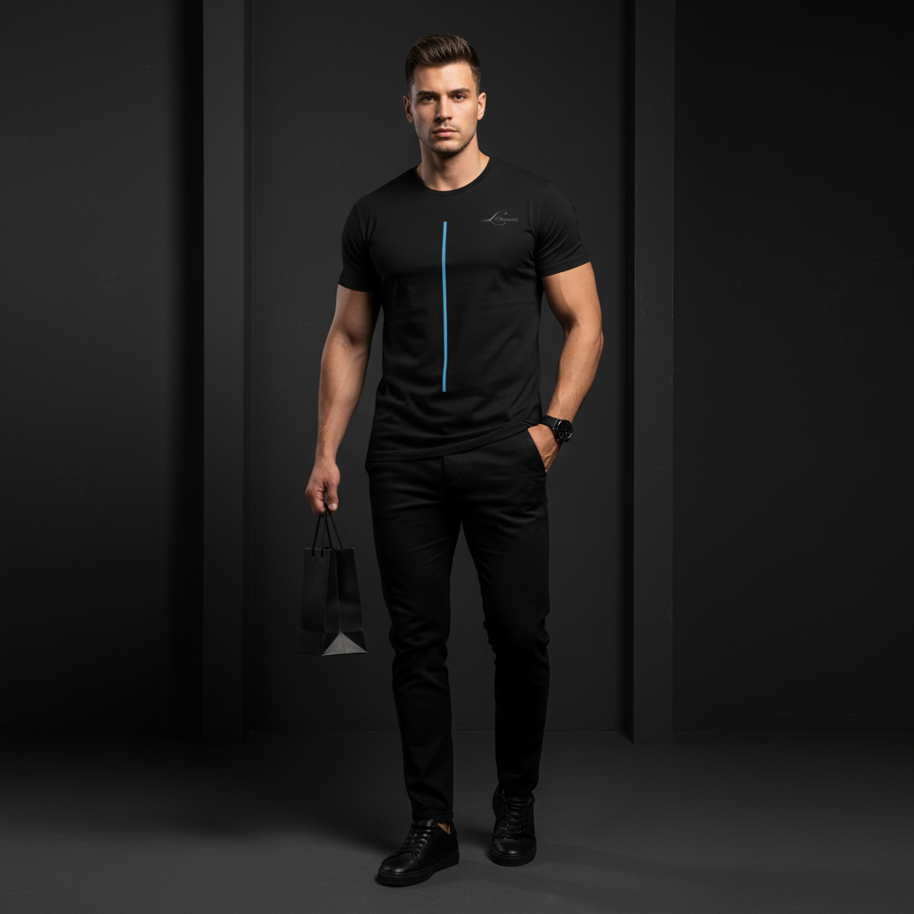 Man wearing a black outfit with a blue line minimalistic against a dark background