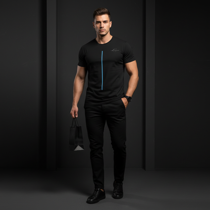 Man wearing a black outfit with a blue line minimalistic against a dark background
