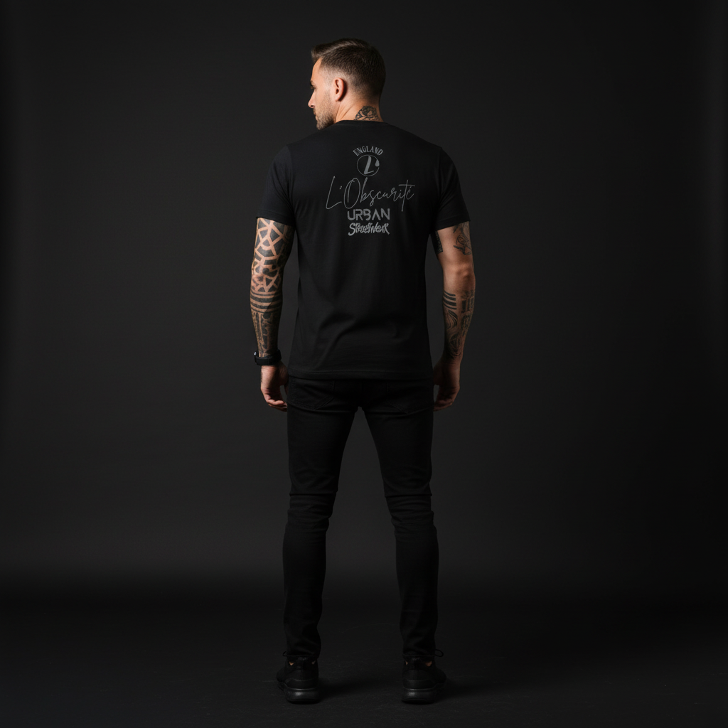 Person wearing a black t-shirt with text on the back against a dark background