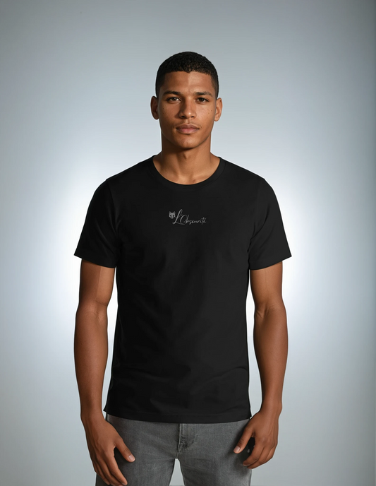 man wearing black tee essential