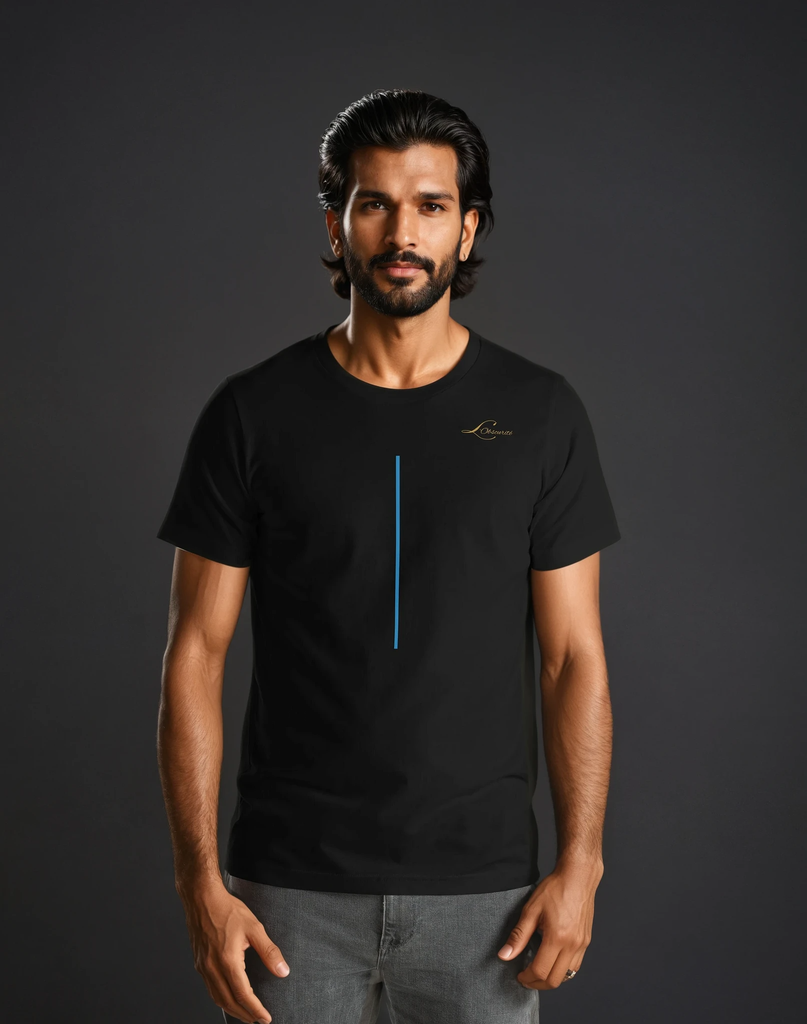 mam wearing black tee with a blue line