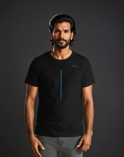 mam wearing black tee with a blue line