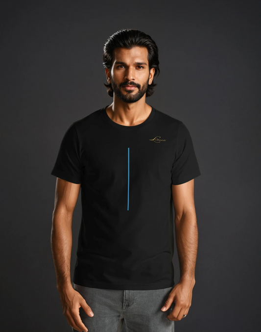 mam wearing black tee with a blue line