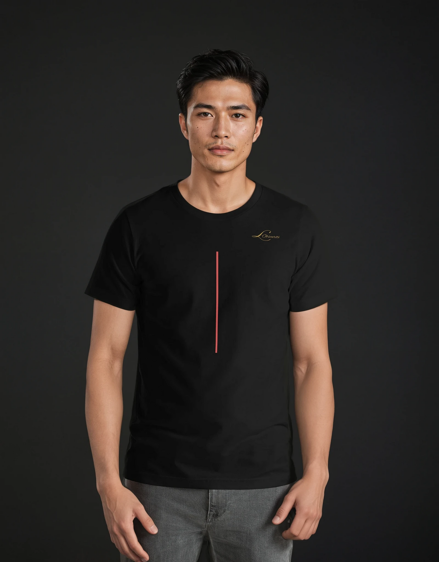 man wearing black tee with red line