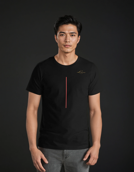 man wearing black tee with red line