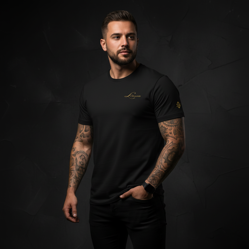 model wearing classic logo tee, soft and comfy, 100% cotton