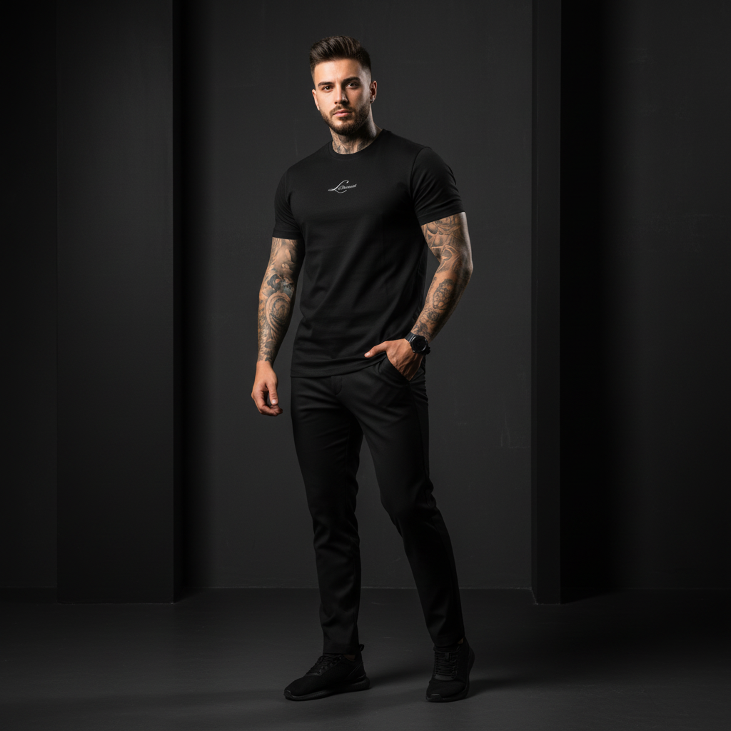 Man wearing a black t-shirt and pants against a dark background, the mark