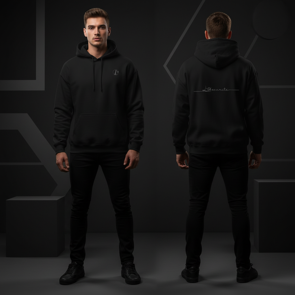 Person wearing a black hoodie with a logo on a dark background