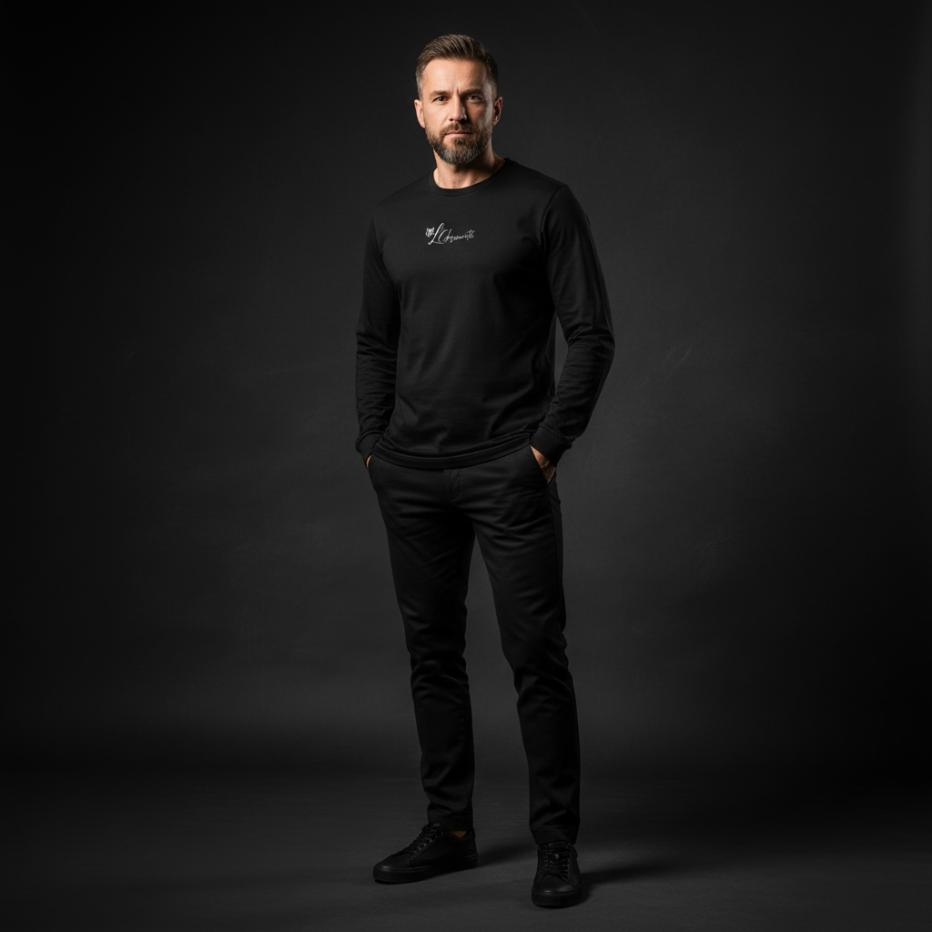 Man wearing a black long-sleeve shirt with a logo on a dark background, serval black long sleeve tee