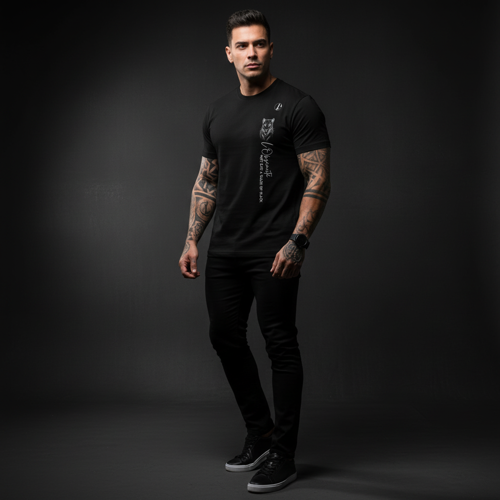 A man wearing a black t-shirt with a logo on a dark background, shade of black tee