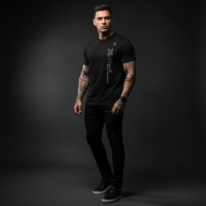 A man wearing a black t-shirt with a logo on a dark background, shade of black tee