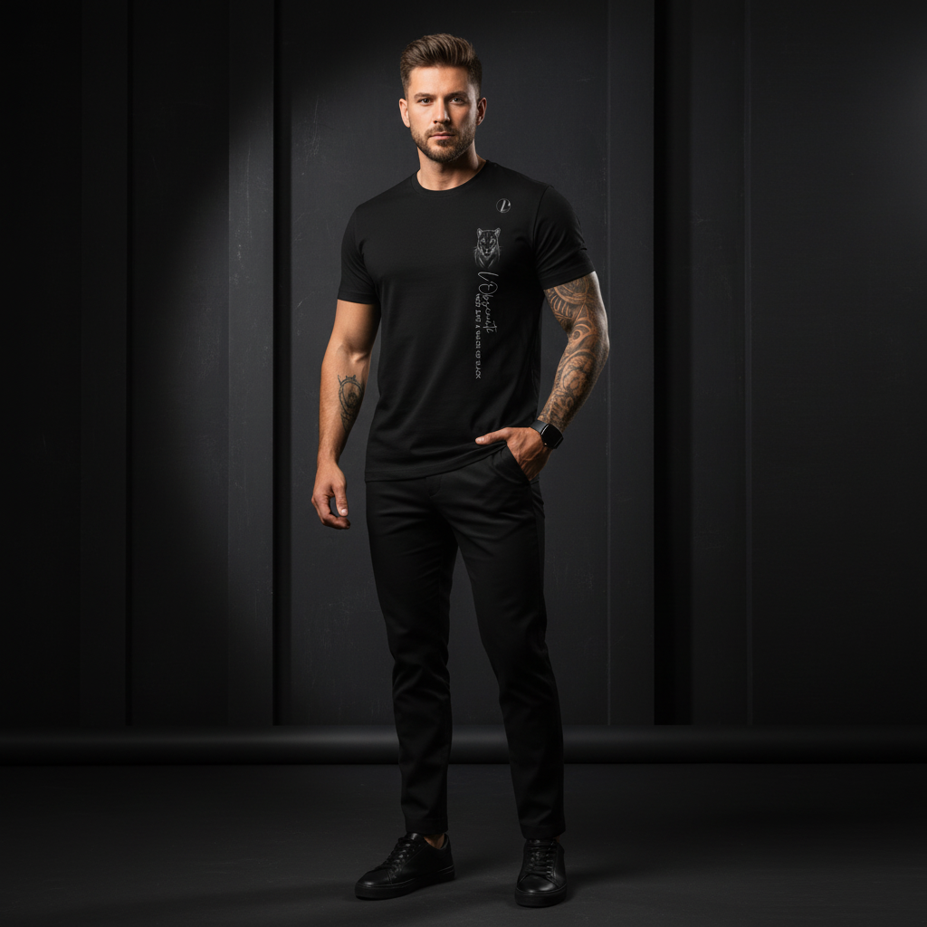 Man wearing a black t-shirt with a logo on a dark background, shade of black tee