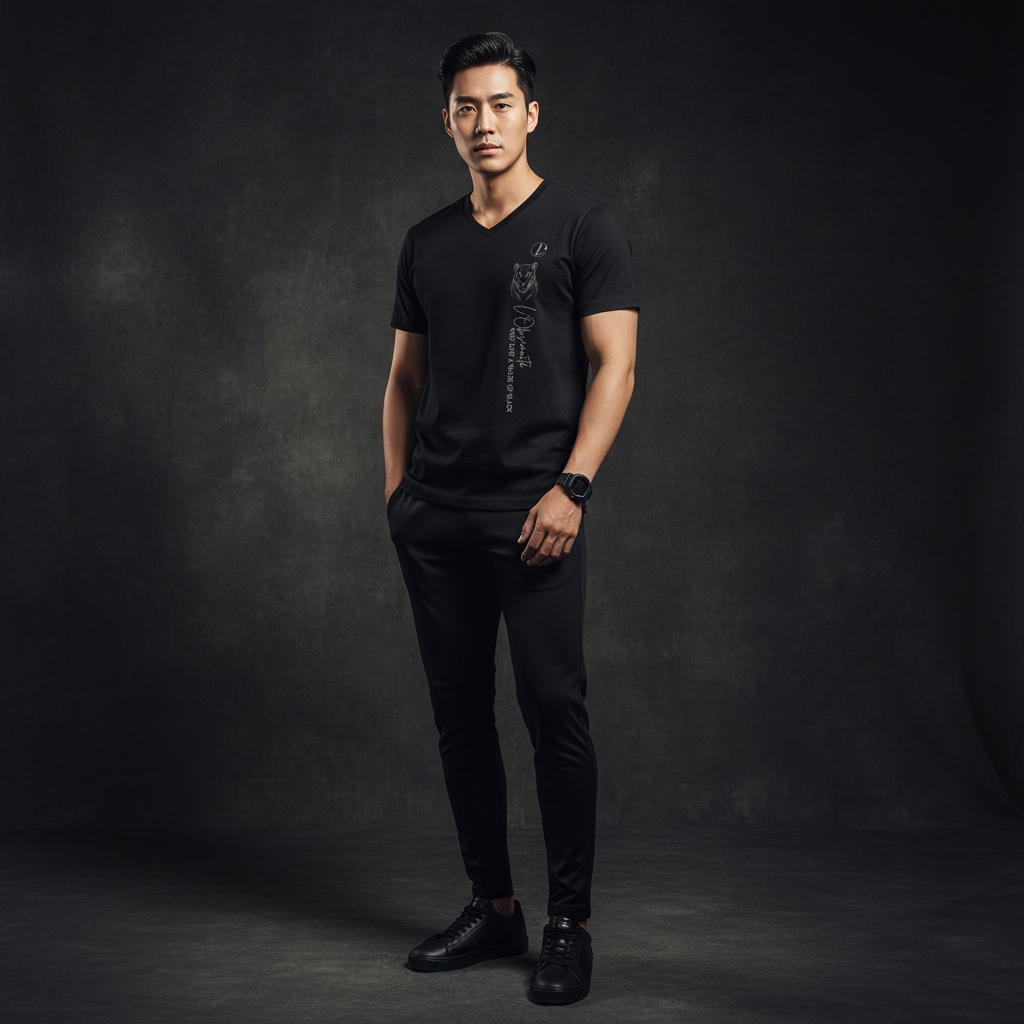 A man wearing a black t-shirt and pants against a dark background, shade of black tee