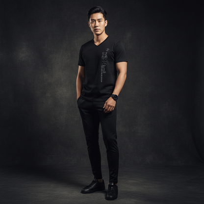 A man wearing a black t-shirt and pants against a dark background, shade of black tee