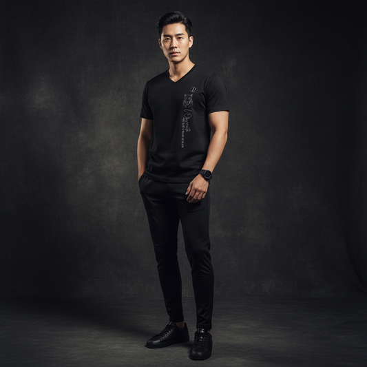 A man wearing a black t-shirt and pants against a dark background, shade of black tee