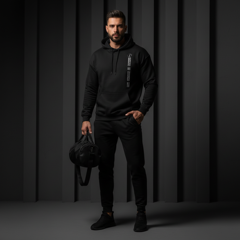 Man wearing a black hoodie and pants holding a black bag against a dark background, the uniform of silence