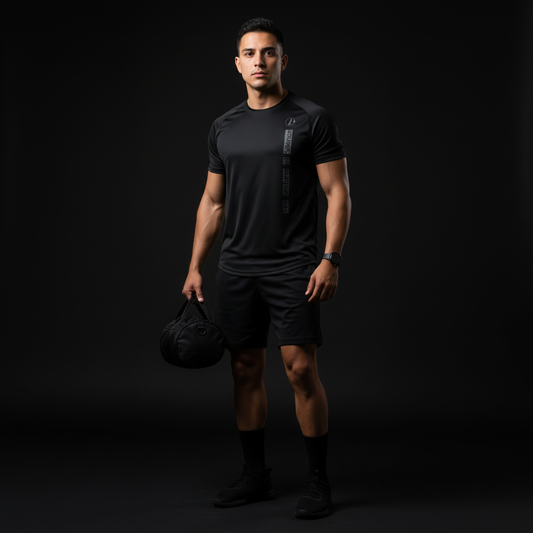 Man wearing black jersey holding a black bag against a dark background