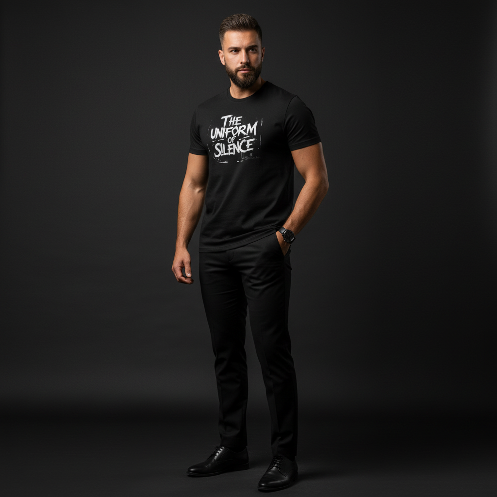 Man wearing a black t-shirt with text on a dark background, the uniform of silence