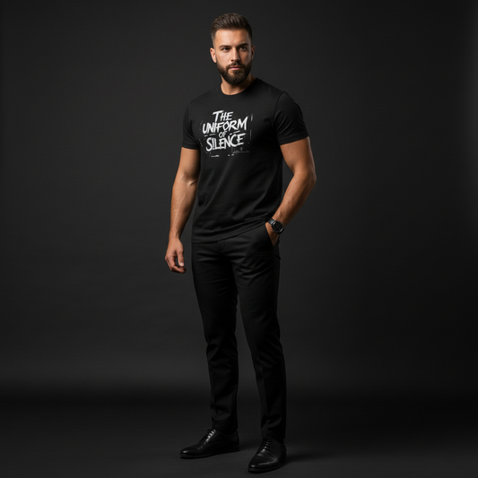 Man wearing a black t-shirt with text on a dark background, the uniform of silence