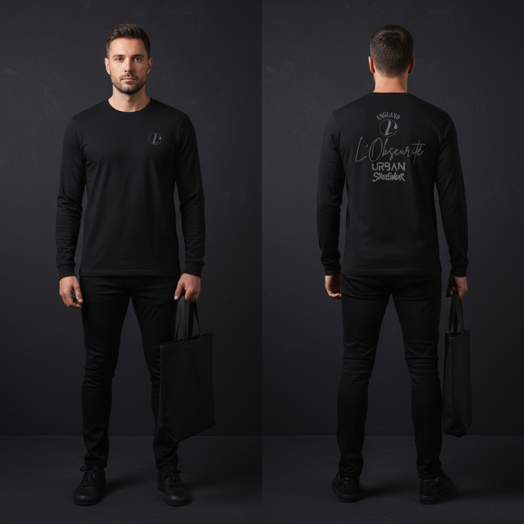 Man wearing a black long-sleeve shirt with branding on a dark background, urban streetwear