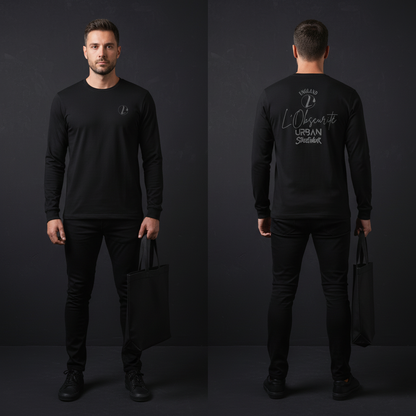 Man wearing a black long-sleeve shirt with branding on a dark background, urban streetwear