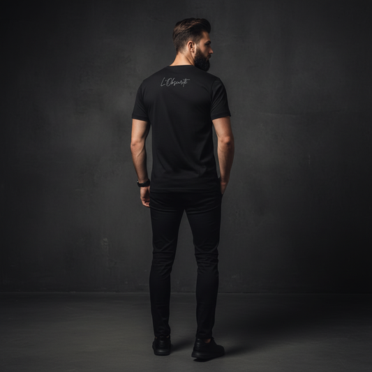 Man wearing a black t-shirt with branding L’Obscurité on the back against a dark background