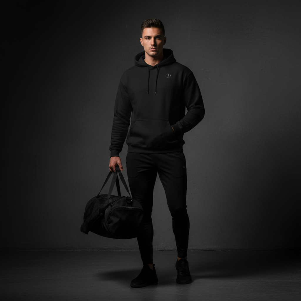 Man wearing a black hoodie and pants holding a black duffel bag against a dark background